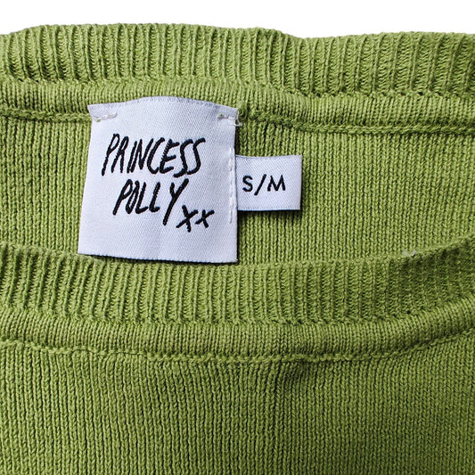 Princess Polly Ribbed Button-Detail Sweater — Chartreuse Green, Crew Neck, Long Sleeve (S/M)