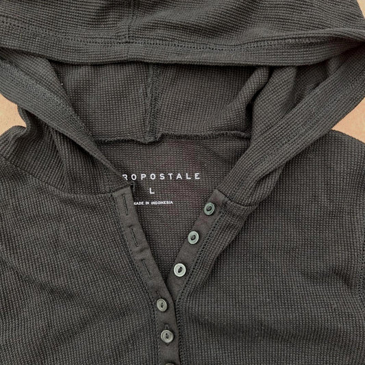 Aeropostale Black Waffle Knit Hoodie Women’s Large Lightweight Henley Pullover