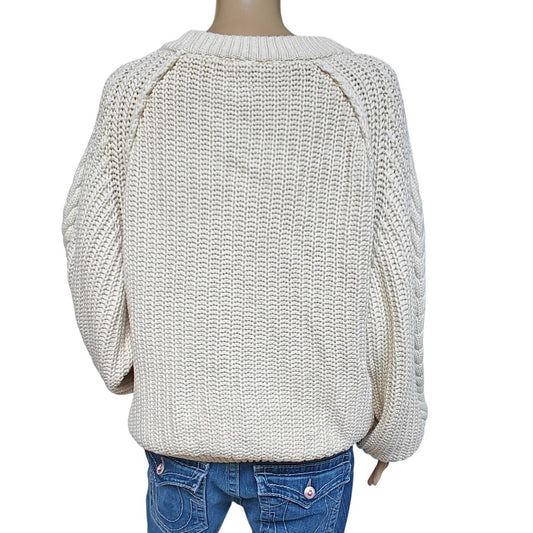 Free People Chunky Cable Knit Sweater L Cream 100% Cotton Oversized