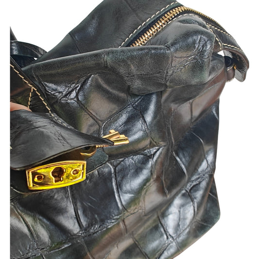 Dooney & Bourke Black Croc Embossed Medicine Bag Leather Satchel Red Lining