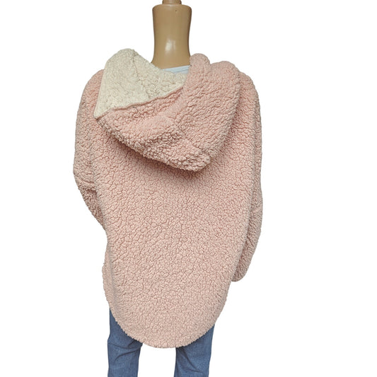 Me Jane Reversible Sherpa Teddy Coat Hoodie XL – Blush Pink / Cream, Cozy Faux-Fur Jacket with Hood & Pockets