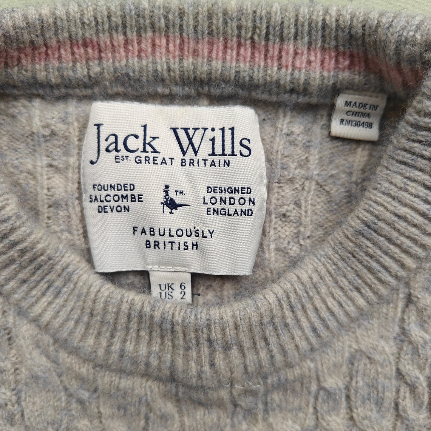 Jack Wills Cable Knit Wool Crewneck Sweater Gray w/ Pink Logo