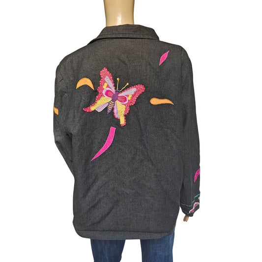 Parsley & Sage Black Embroidered Jacket Large Boho Artsy Floral Patchwork