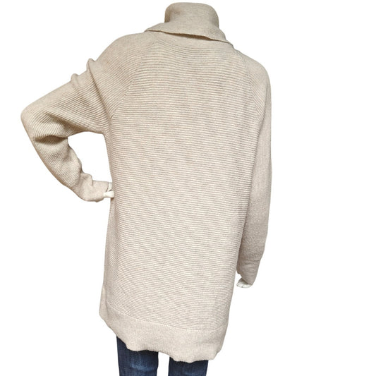 LOFT Cowl Neck Ribbed Tunic Sweater L Oatmeal Beige Longline Knit