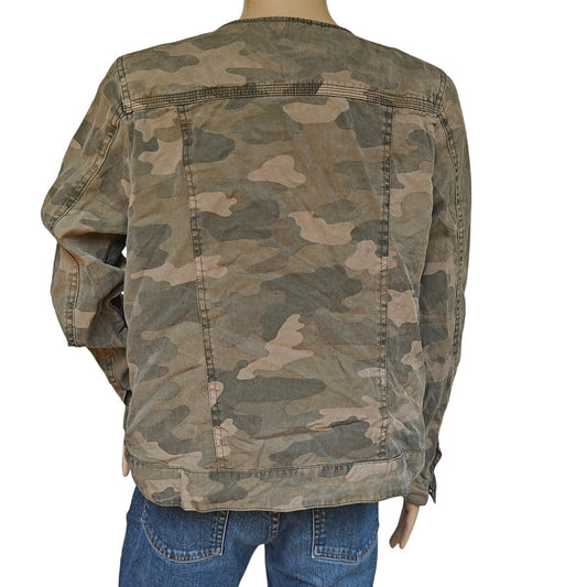 Lucky Brand Camo Lyocell Utility Jacket Snap Front Collarless Women