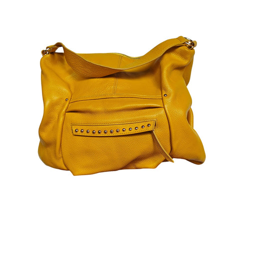Laggo Pebbled Leather Hobo Shoulder Bag Mustard Yellow – Zip Top, Studded Front Pocket, Gold Hardware