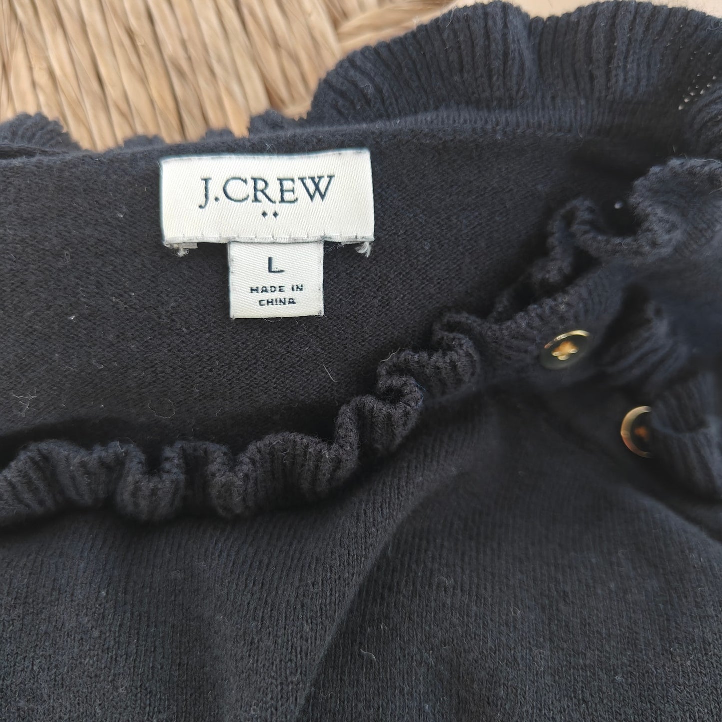 J.Crew Ruffle Mock Neck Button-Shoulder Sweater Black Women’s L