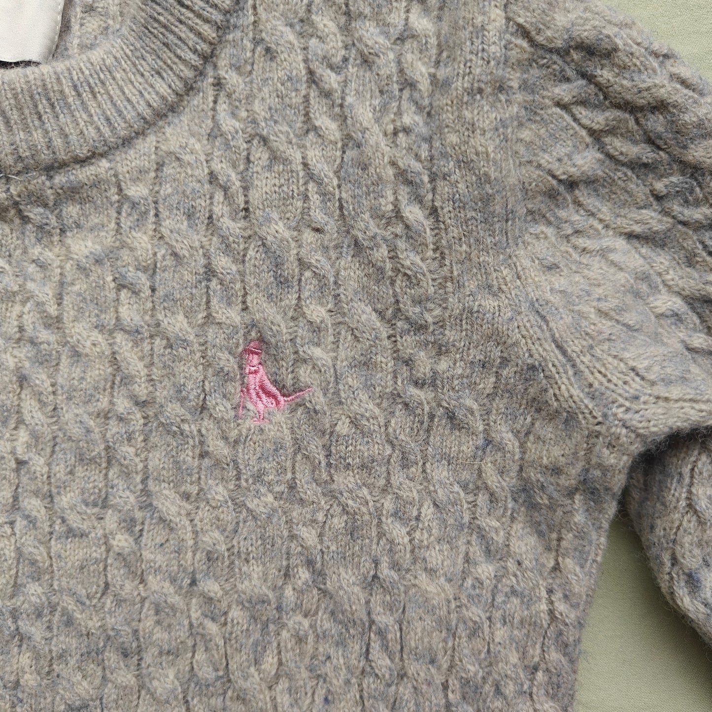 Jack Wills Cable Knit Wool Crewneck Sweater Gray w/ Pink Logo