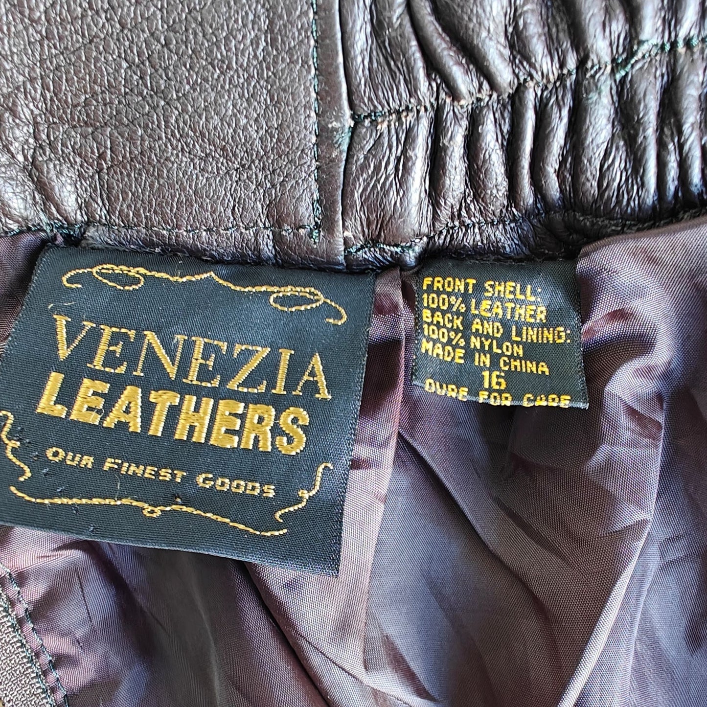 Venezia Leathers Genuine Leather Midi Skirt Brown Sz 16 | High-Waist Elastic Waistband, Lined (Vintage 90s/Y2K)