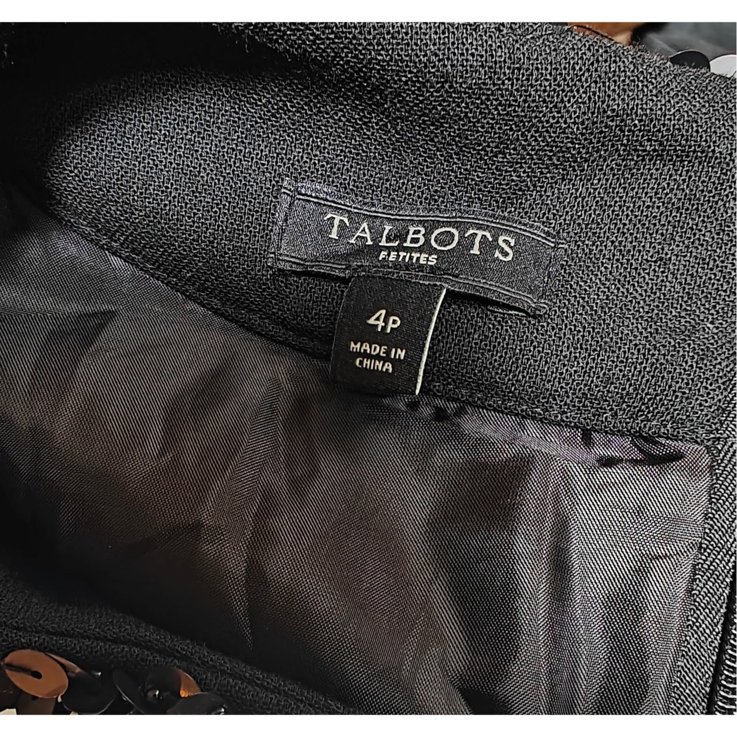 Talbots Petites 4P Black Embellished Neck Sheath Dress, Lined Cocktail