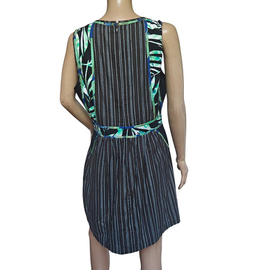 BCBGMAXAZRIA Striped Fit & Flare Dress w/ Tropical Print Trim – Size 12