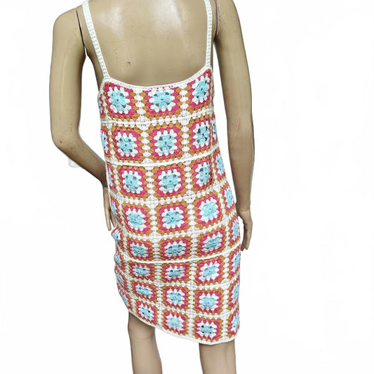 Willow & Wind Crochet Granny Square Knit Midi Dress Boho Festival Size S