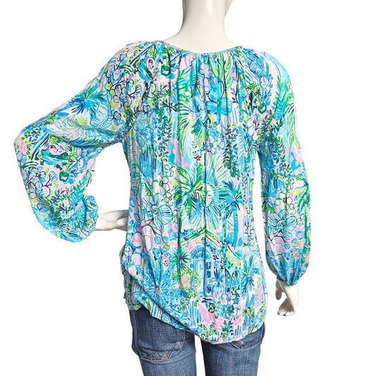 Lilly Pulitzer XS Printed V-Neck Boho Top Long Sleeve Tunic Blouse Multicolor