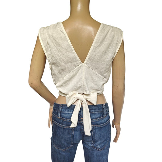 ZARA Linen-Blend Plunge Crop Top Ivory Sleeveless Bustier Wrap Waist – Size S, Made in Portugal