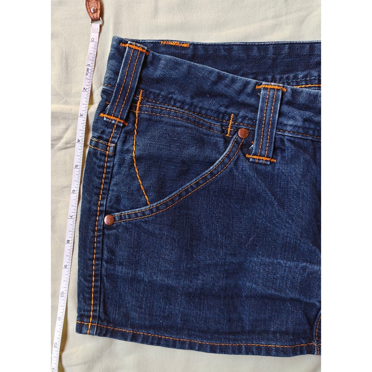 True Religion Made in USA denim mini skirt size 31, orange stitching, Y2K