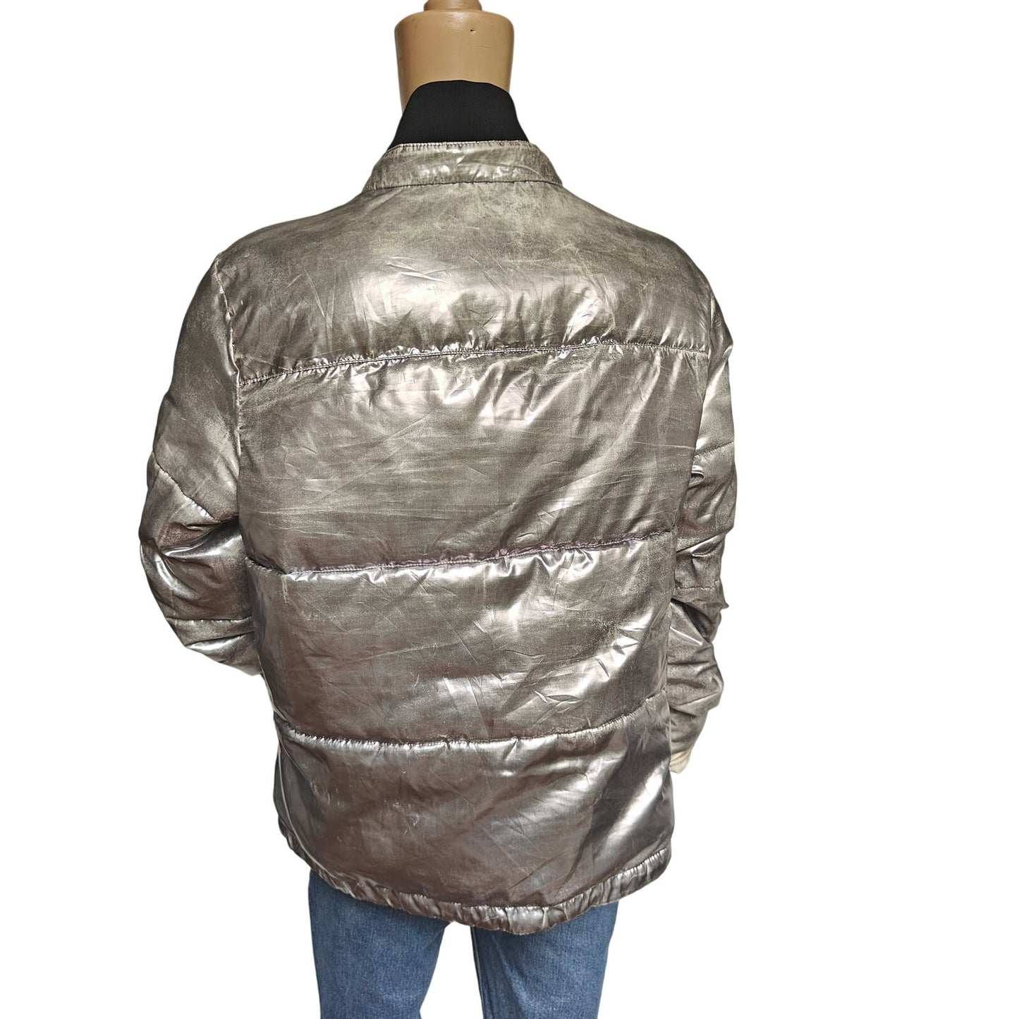 UGG Metallic Silver Puffer Jacket Coat Women’s L | High Neck, Drawcord Hem