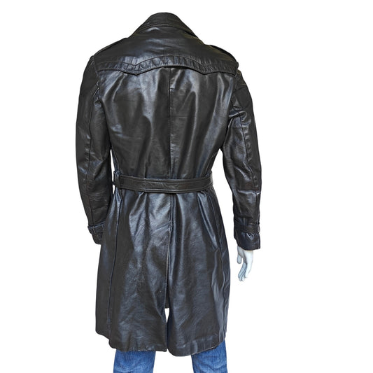 Men’s Black Leather Trench Coat Belted Zip-Out Liner Size 42 Military Style