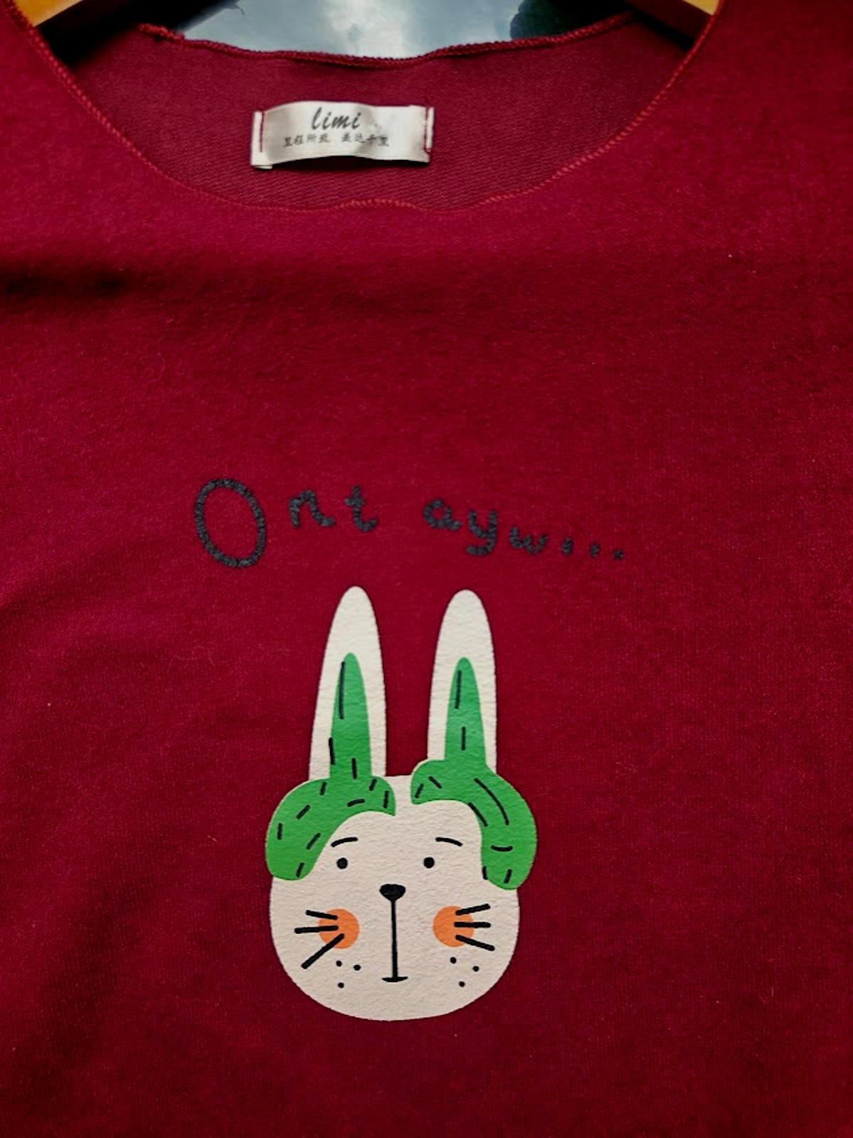Cute Burgundy Graphic Sweater with Kawaii Bunny Women’s Long Sleeve Pullover