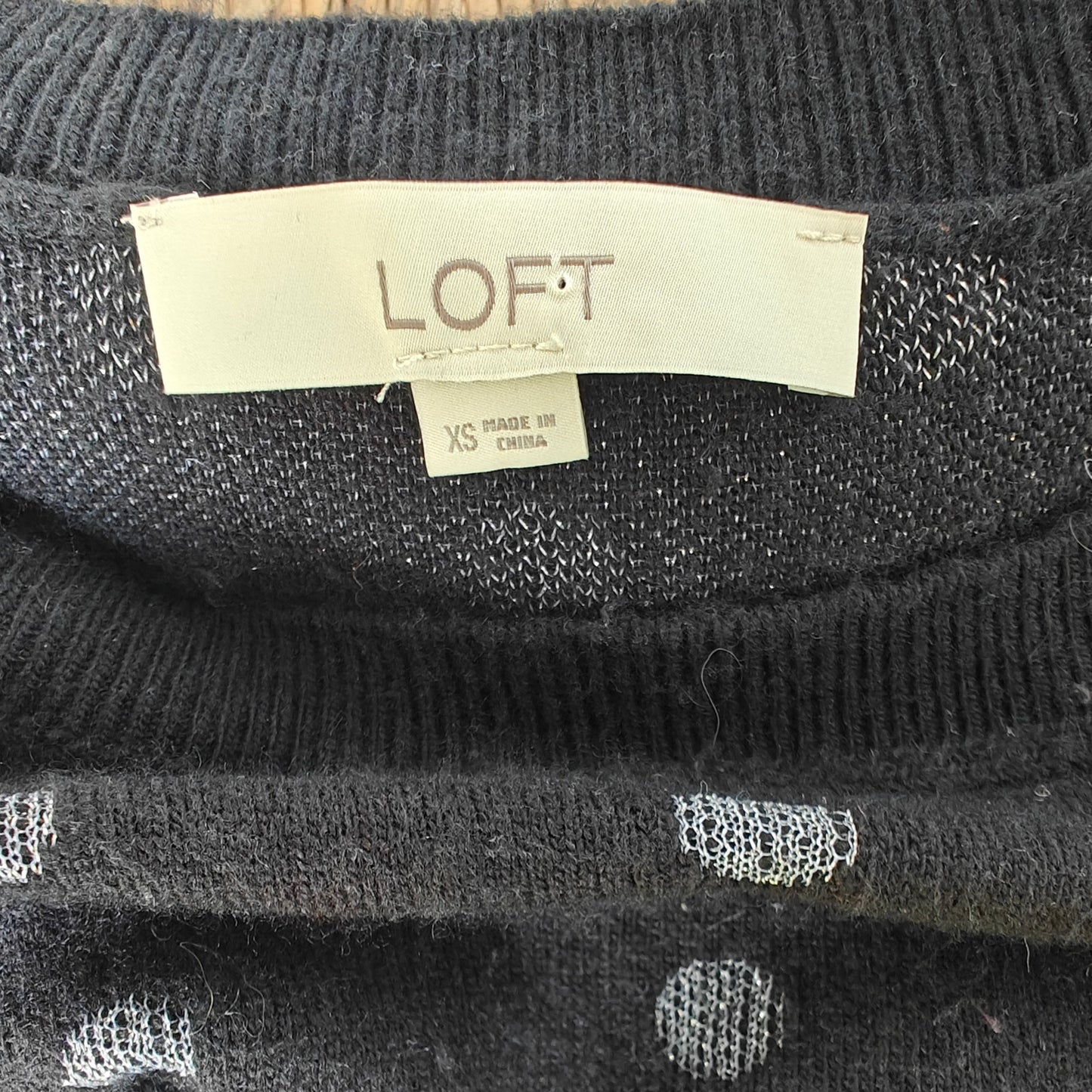 LOFT Silver Polka Dot Wool-Blend Sweater XS — Black Crewneck Long Sleeve