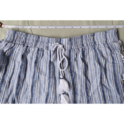 Aéropostale Striped Tassel Drawstring Shorts Blue/White Boho Pom-Pom Trim Beach Lounge