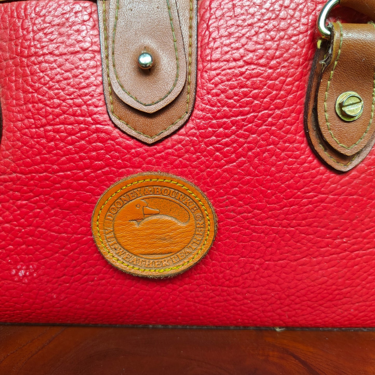 Dooney & Bourke All Weather Leather Satchel – Red Pebbled w/ British Tan Trim, Zip-Top, Vintage 80s/90s