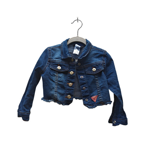 GUESS Girls 3T Cropped Denim Jacket Raw Hem Logo Patch Stretch Jean Buttons Blue