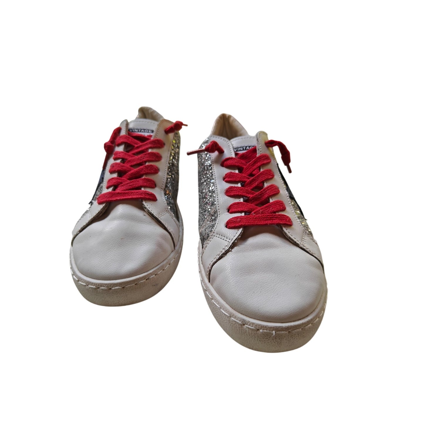 Betsy Glitter Star Sneakers Red Laces White Silver Gold Low Top Casual Shoes 10