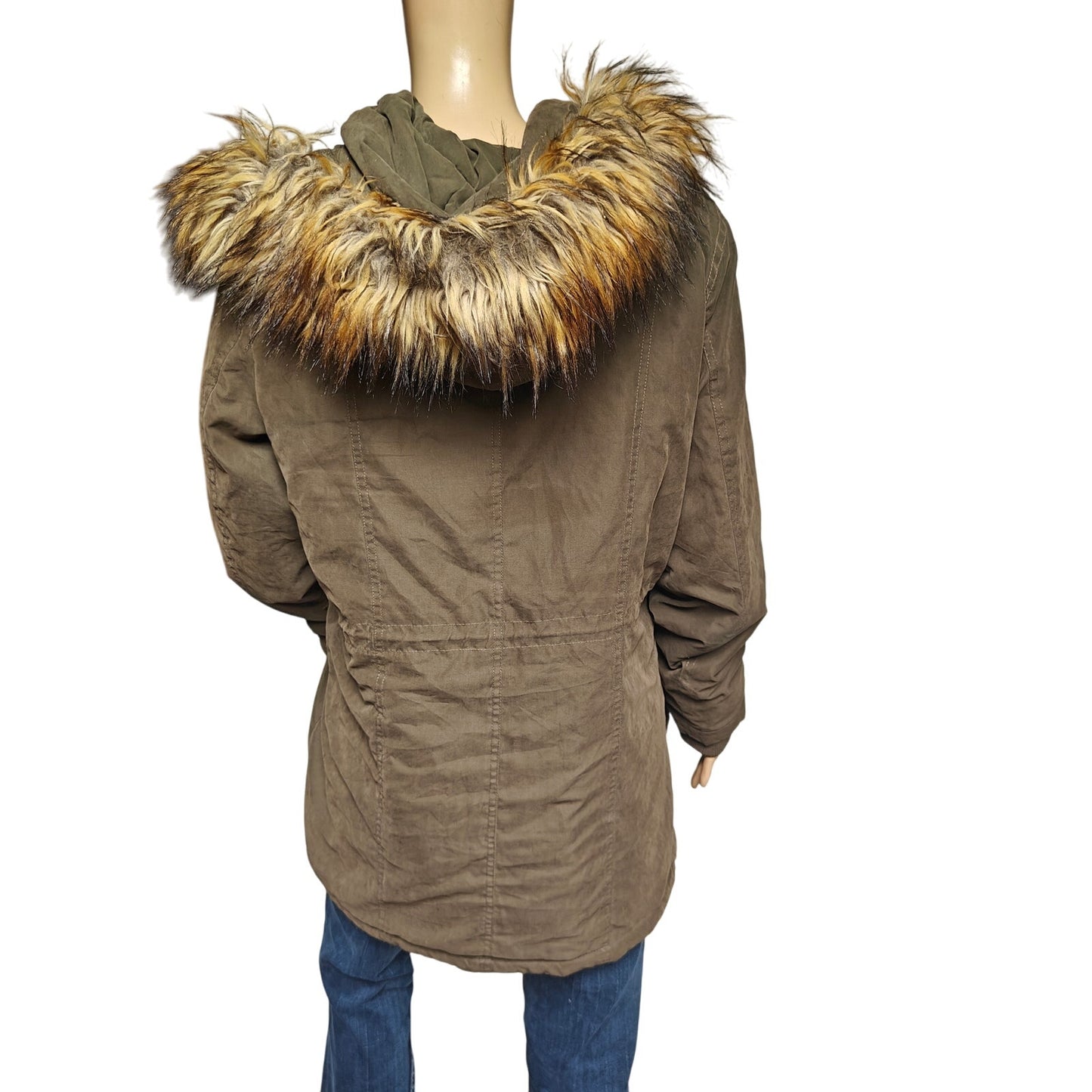 a.n.a Olive Faux-Fur Hooded Parka Coat Women’s L – Quilted Lining, Pockets
