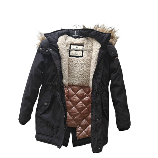 Abercrombie kids Sherpa Lined Parka 7/8 Black Faux Fur Hood Warm Coat
