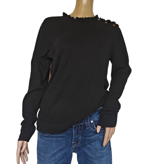 J.Crew Ruffle Mock Neck Button-Shoulder Sweater Black Women’s L