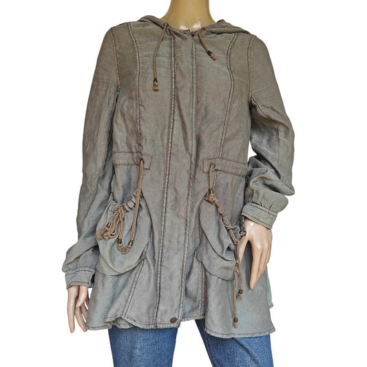 Free People Lightweight Hooded Jacket Olive Drawstring Utility Parka Boho Size S