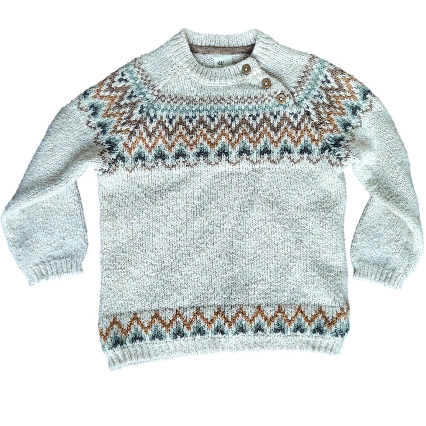 H&M Kids Fair Isle Sweater Cream Button Shoulder Cozy Knit Unisex