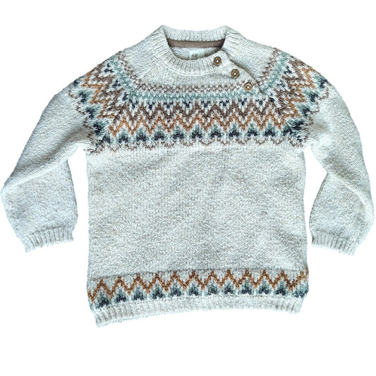 H&M Kids Fair Isle Sweater Cream Button Shoulder Cozy Knit Unisex