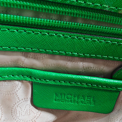 Michael Kors Saffiano Leather Satchel – Kelly Green Structured Zip-Top Tote/Crossbody, Gold Hardware