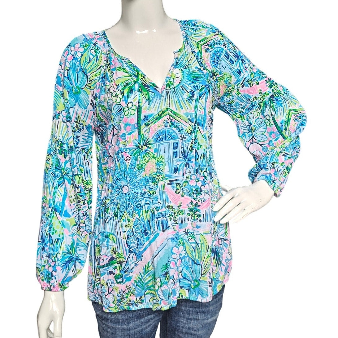 Lilly Pulitzer XS Printed V-Neck Boho Top Long Sleeve Tunic Blouse Multicolor