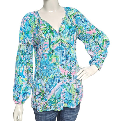 Lilly Pulitzer XS Printed V-Neck Boho Top Long Sleeve Tunic Blouse Multicolor