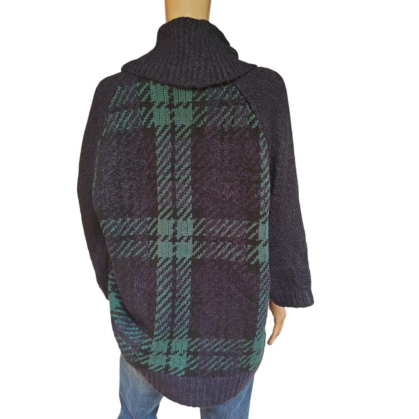 Lands’ End 1X Plaid Cowl-Neck Poncho Sweater Navy/Green Tartan