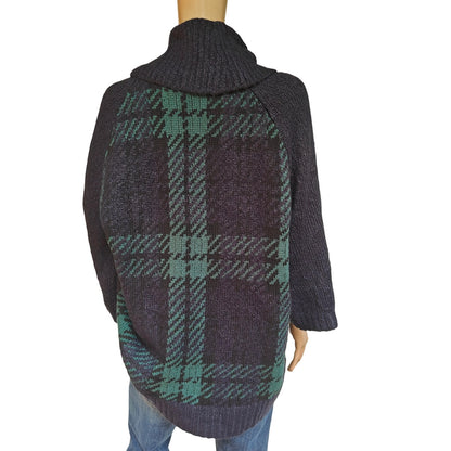 Lands’ End 1X Plaid Cowl-Neck Poncho Sweater Navy/Green Tartan