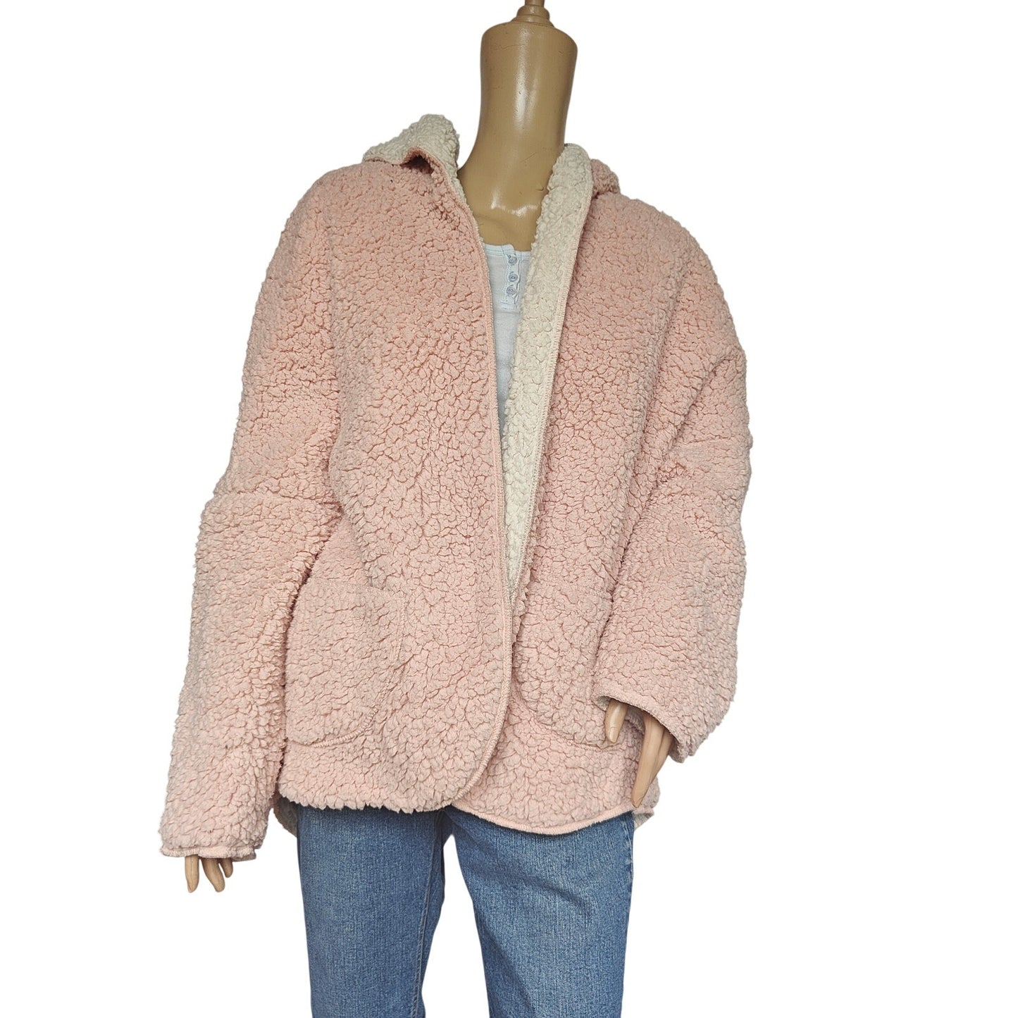 Me Jane Reversible Sherpa Teddy Coat Hoodie XL – Blush Pink / Cream, Cozy Faux-Fur Jacket with Hood & Pockets