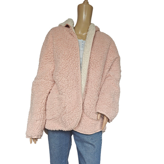 Me Jane Reversible Sherpa Teddy Coat Hoodie XL – Blush Pink / Cream, Cozy Faux-Fur Jacket with Hood & Pockets