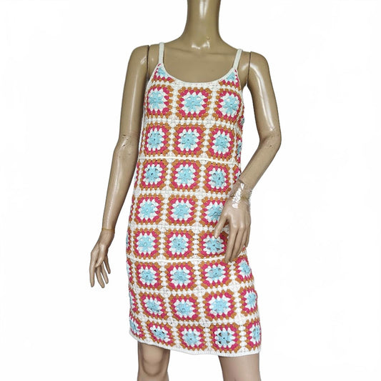 Willow & Wind Crochet Granny Square Knit Midi Dress Boho Festival Size S