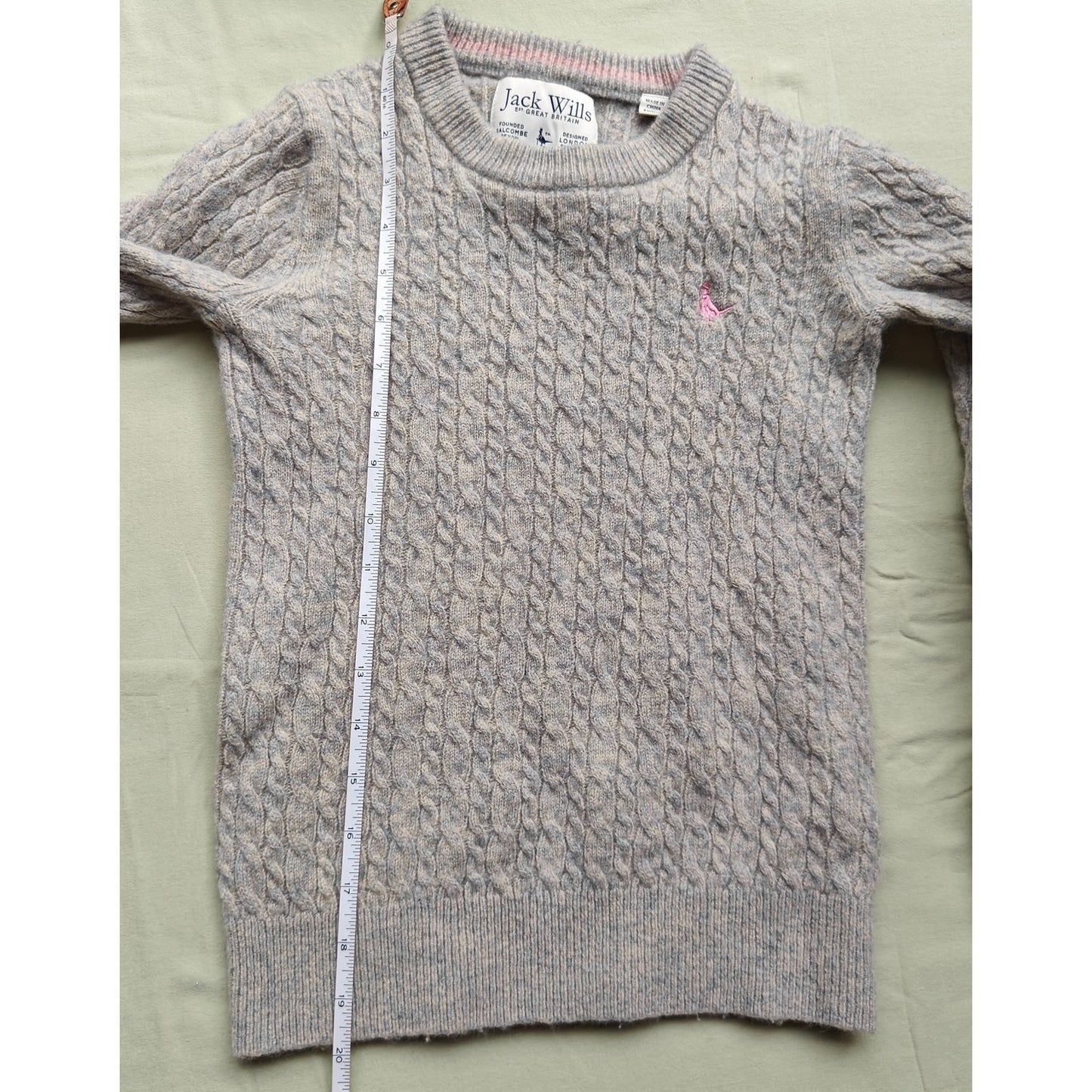 Jack Wills Cable Knit Wool Crewneck Sweater Gray w/ Pink Logo