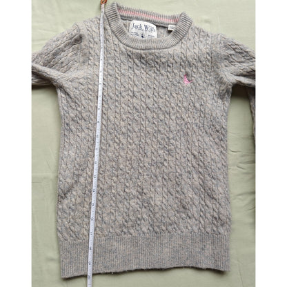 Jack Wills Cable Knit Wool Crewneck Sweater Gray w/ Pink Logo