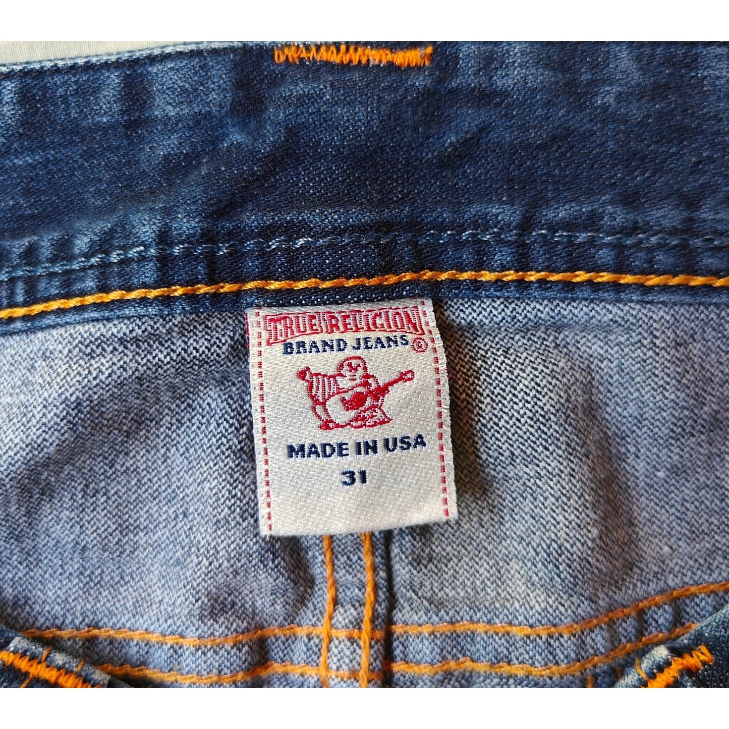 True Religion Made in USA denim mini skirt size 31, orange stitching, Y2K
