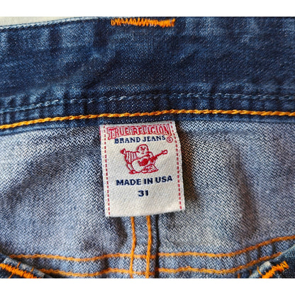 True Religion Made in USA denim mini skirt size 31, orange stitching, Y2K