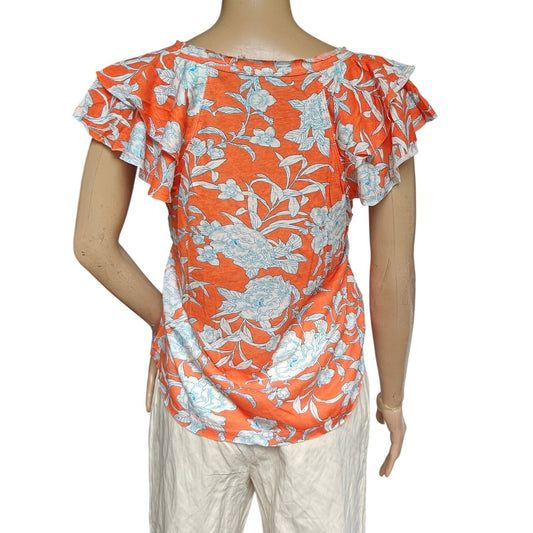 Philosophy Republic Clothing Floral V-Neck Blouse Orange Blue Size S