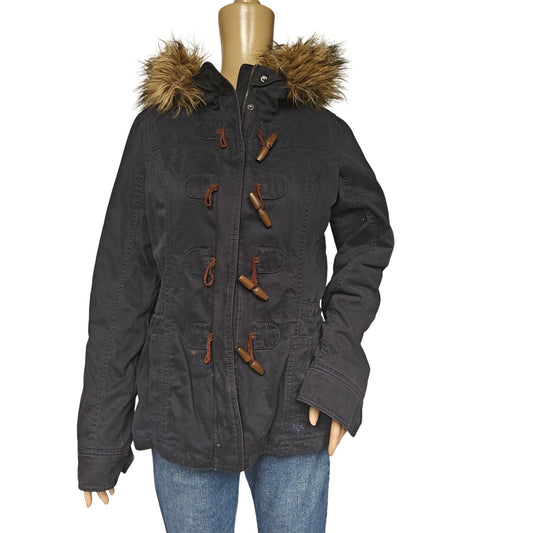 Abercrombie & Fitch Sherpa-Lined Toggle Duffle Coat w/ Faux-Fur Hood – Black, Women’s M