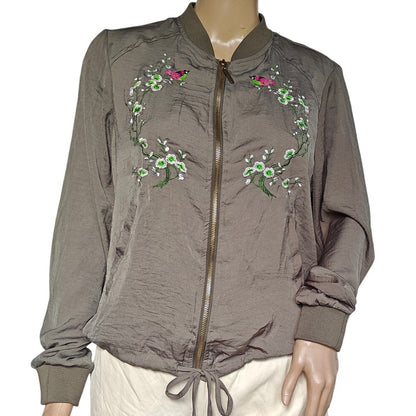 Janina Floral Embroidered Bomber Jacket Olive Zip Drawstring Hem S
