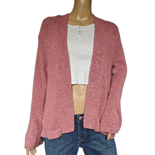 LOFT Open Front Cardigan Sweater L Dusty Rose Textured Knit Ramie Blend