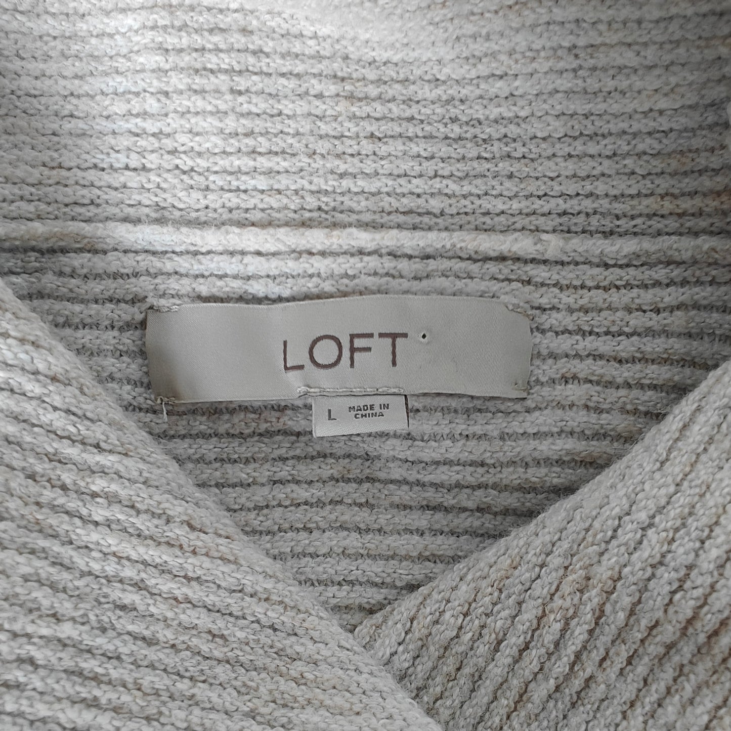 LOFT Cowl Neck Ribbed Tunic Sweater L Oatmeal Beige Longline Knit